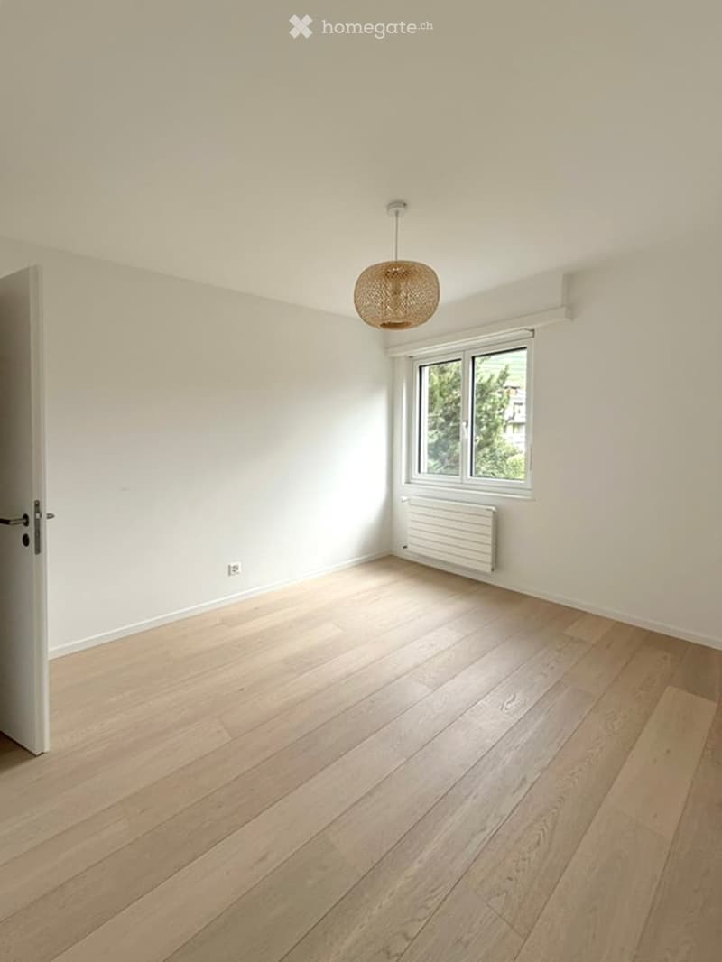 Empty room with light wooden flooring, white walls, a single window with a radiator below, and a simple hanging light fixture.