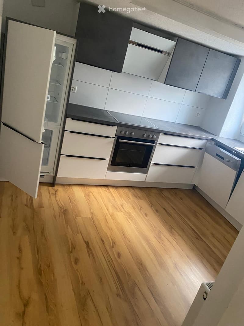 Modern kitchen with light wooden flooring, white and grey cabinets, stainless steel oven and dishwasher.