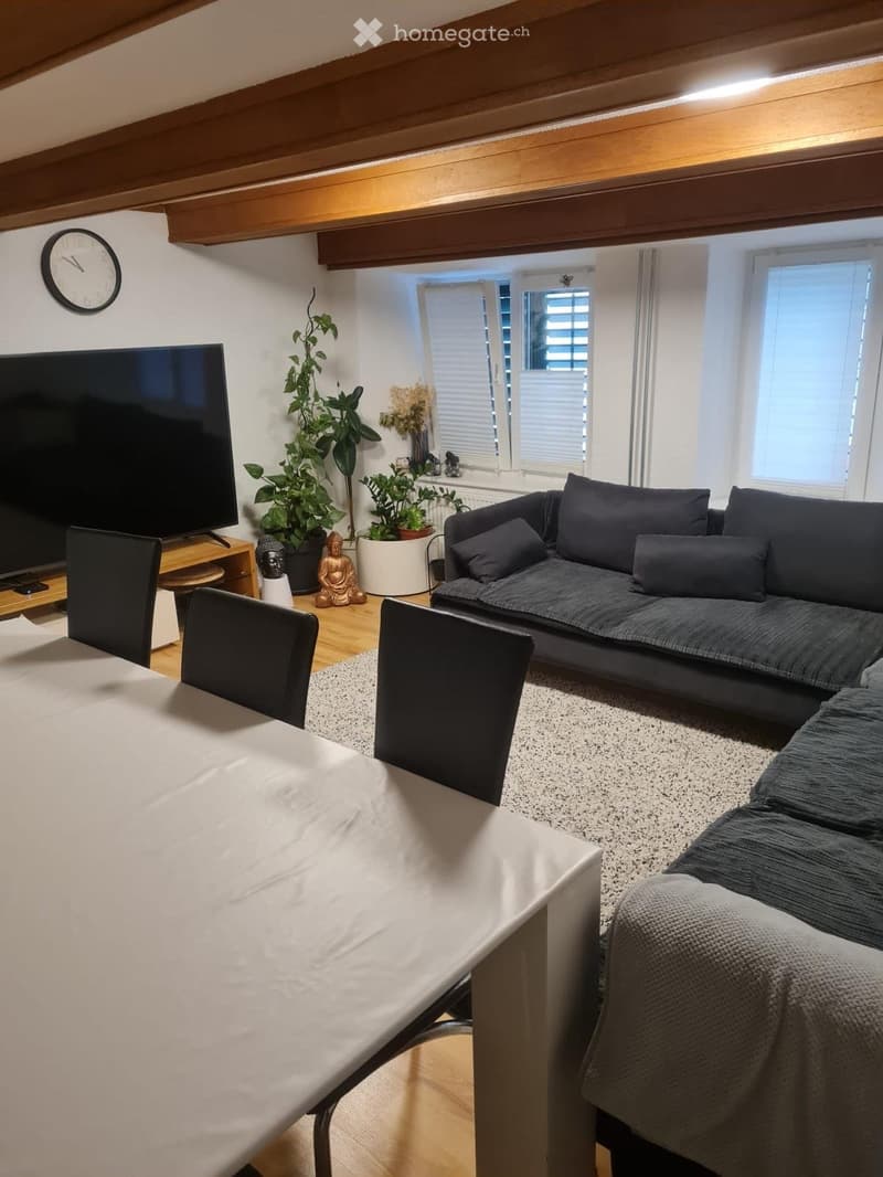 A modern living room with a grey sofa, a white dining table, a television, and several potted plants. The room features wooden flooring and large windows with blinds.