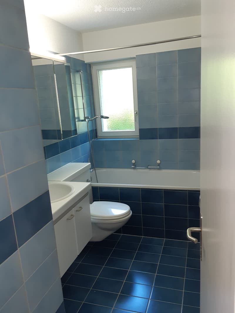 Modern bathroom with blue tiles, white fixtures, and a large window providing natural light.