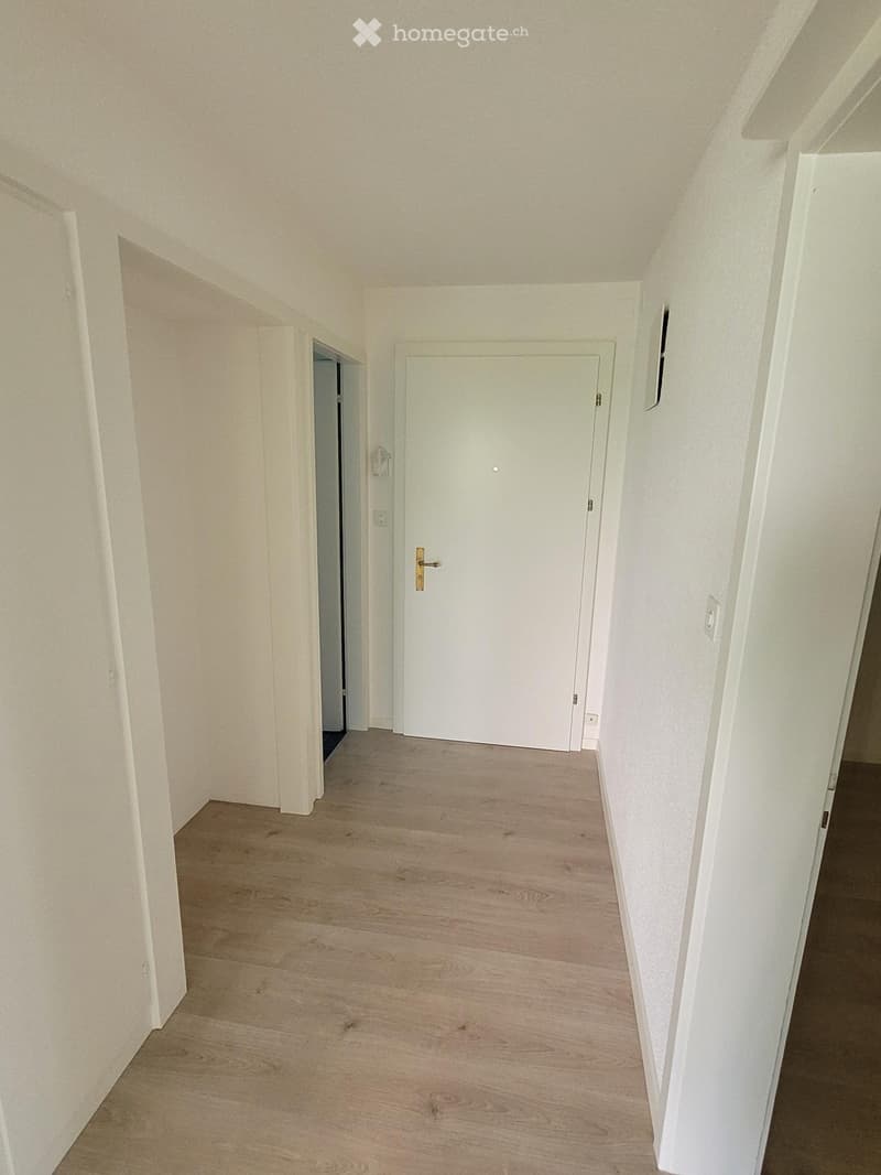 Empty hallway with light wooden flooring, white walls, and two white doors, one partially open.
