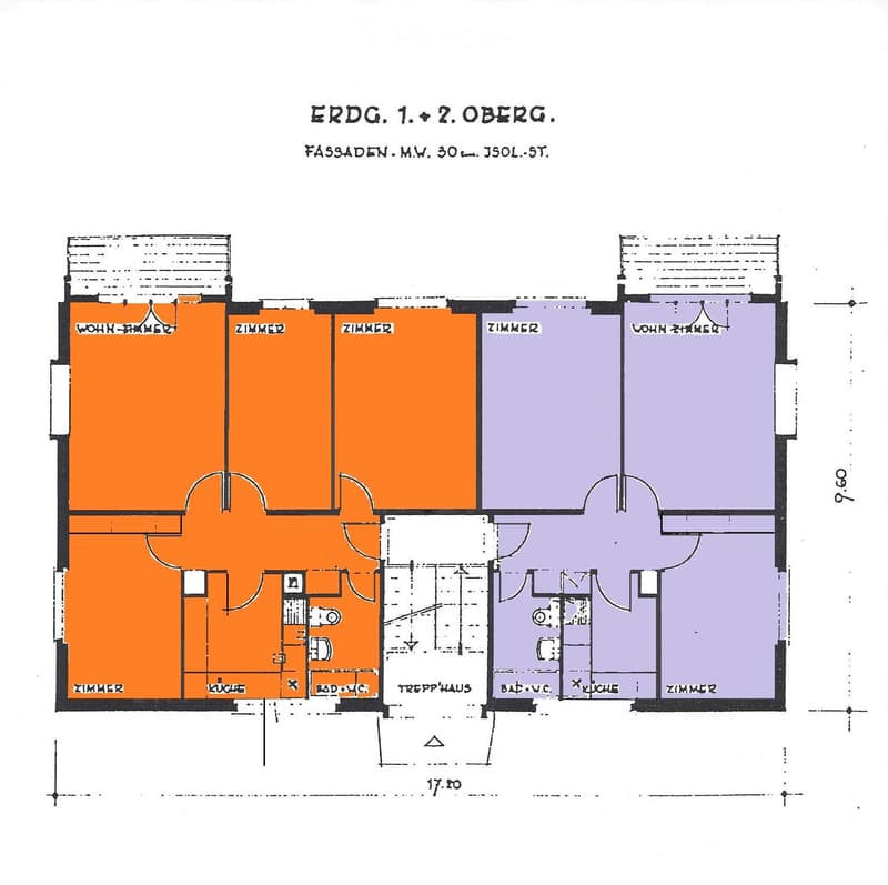 Floor plan of a two-story house with living room, bedrooms, kitchen, bathrooms, and staircase.