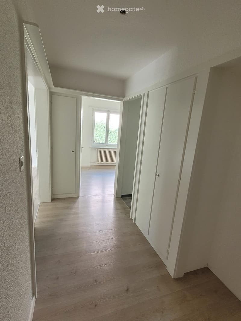 Empty hallway with wooden flooring, white walls, and several doors leading to other rooms.