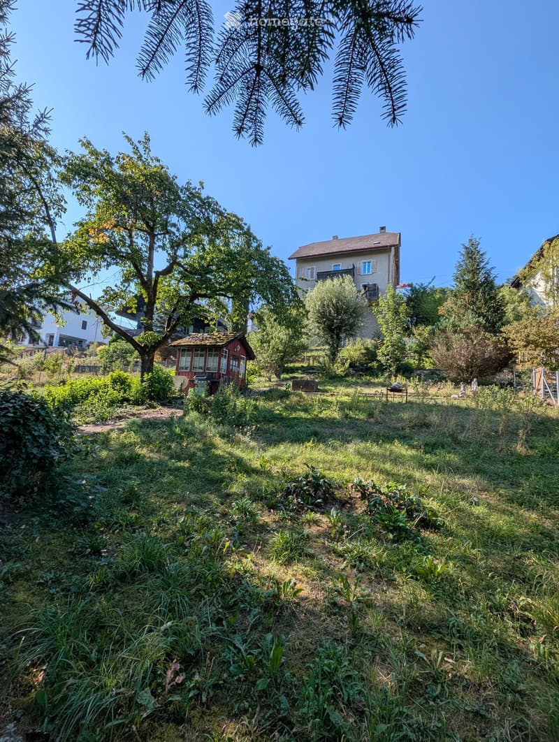 A lush garden area with grass, trees, and a small red shed. A two-story house with a balcony is visible in the background.