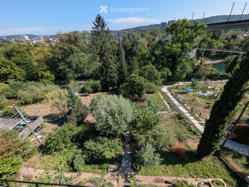 A lush garden area with trees, shrubs, and a winding pathway, overlooking a river and distant cityscape.