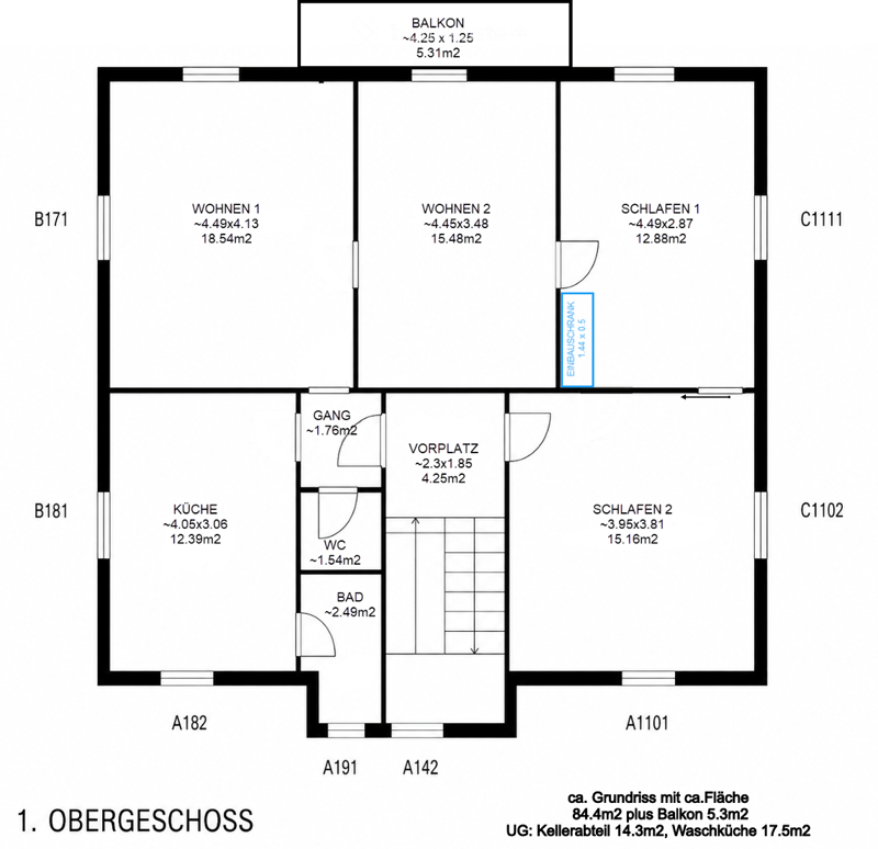 Floor plan of the first floor showing living areas, bedrooms, kitchen, bathroom, hallway, and balcony.