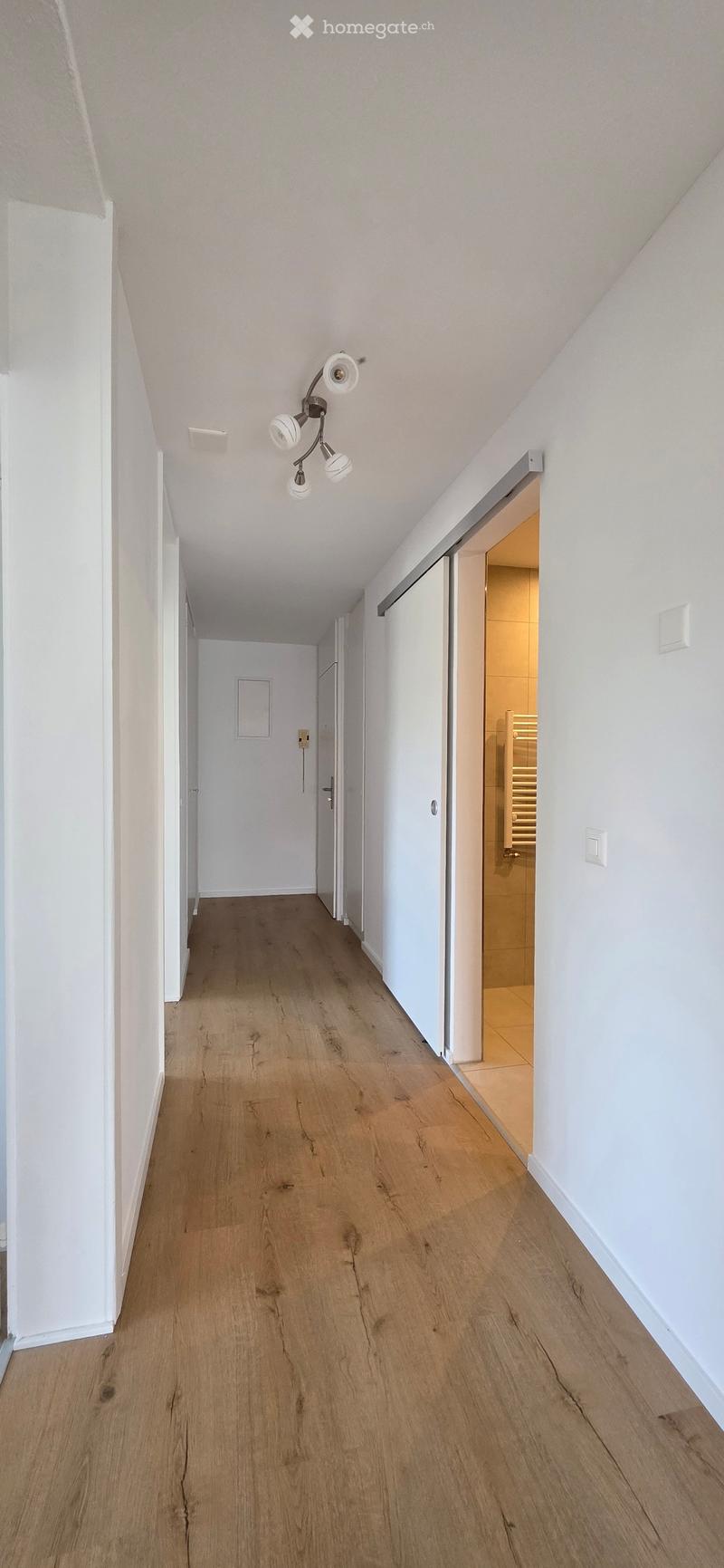 A narrow hallway with light wooden flooring, white walls, and a modern ceiling light fixture. An open door on the right leads to a tiled bathroom area.