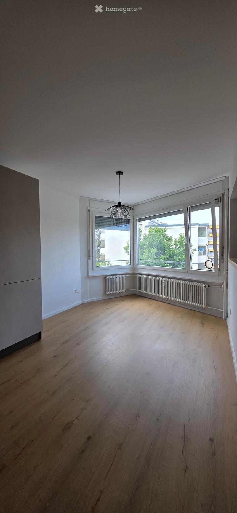 Empty room with wooden flooring, white walls, large windows, radiators, and a hanging light fixture.