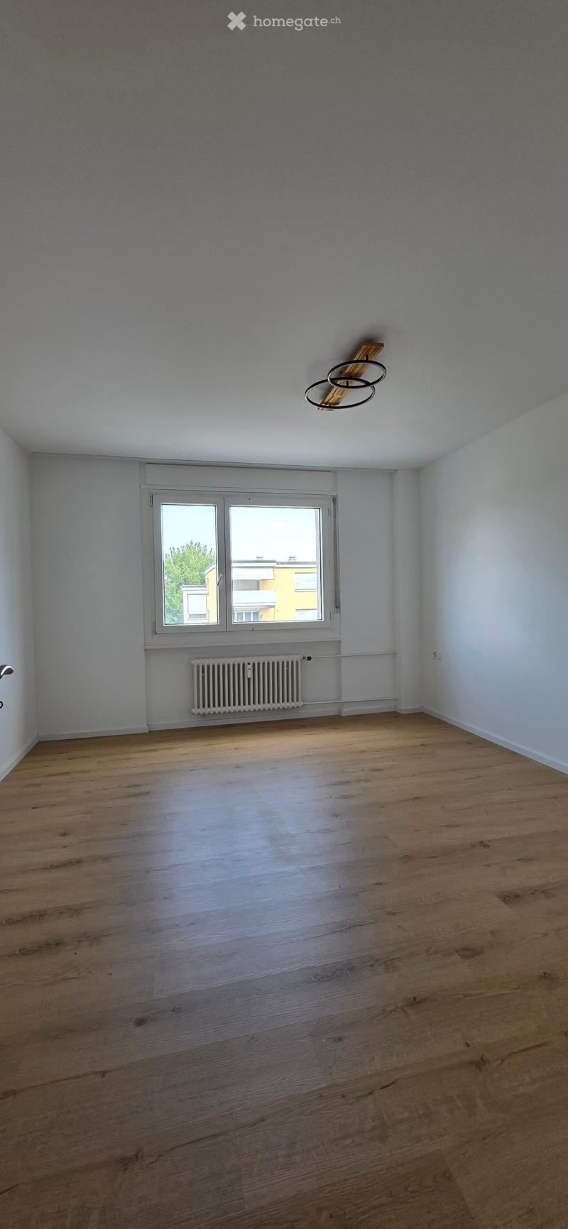 Empty room with wooden flooring, light grey walls, a window with white frame, radiator, and a modern ceiling light fixture.