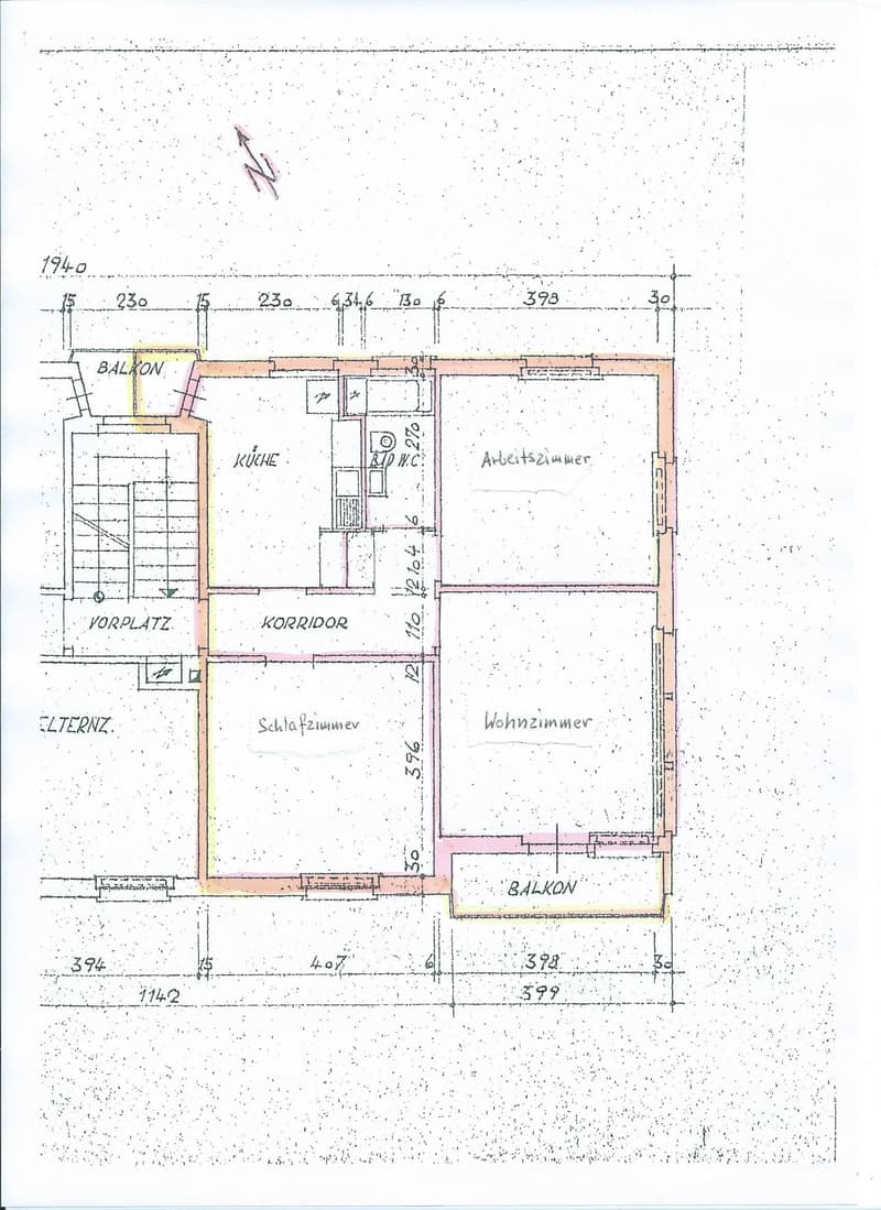 Floor plan showing a kitchen, living room, bedroom, work room, balcony, and entrance area.