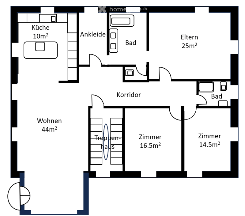 Floor plan of a 2-story apartment with living room (44m²), kitchen (10m²), two bedrooms (25m² and 16.5m²), two bathrooms, hallway, and staircase.