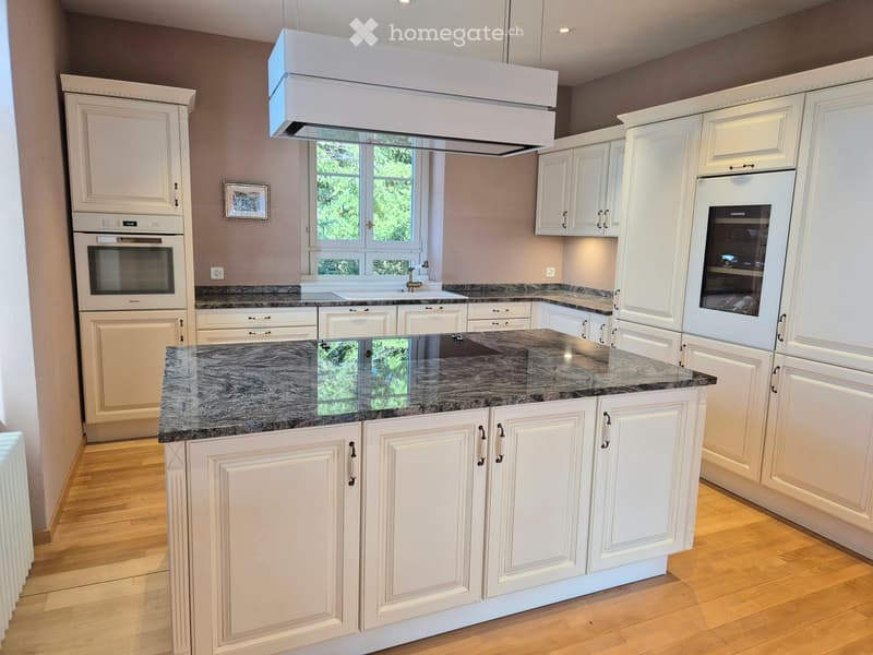 Modern kitchen with white cabinets, granite countertop, built-in oven, refrigerator, and range hood. Features a central island with storage and a sink area with windows overlooking greenery.