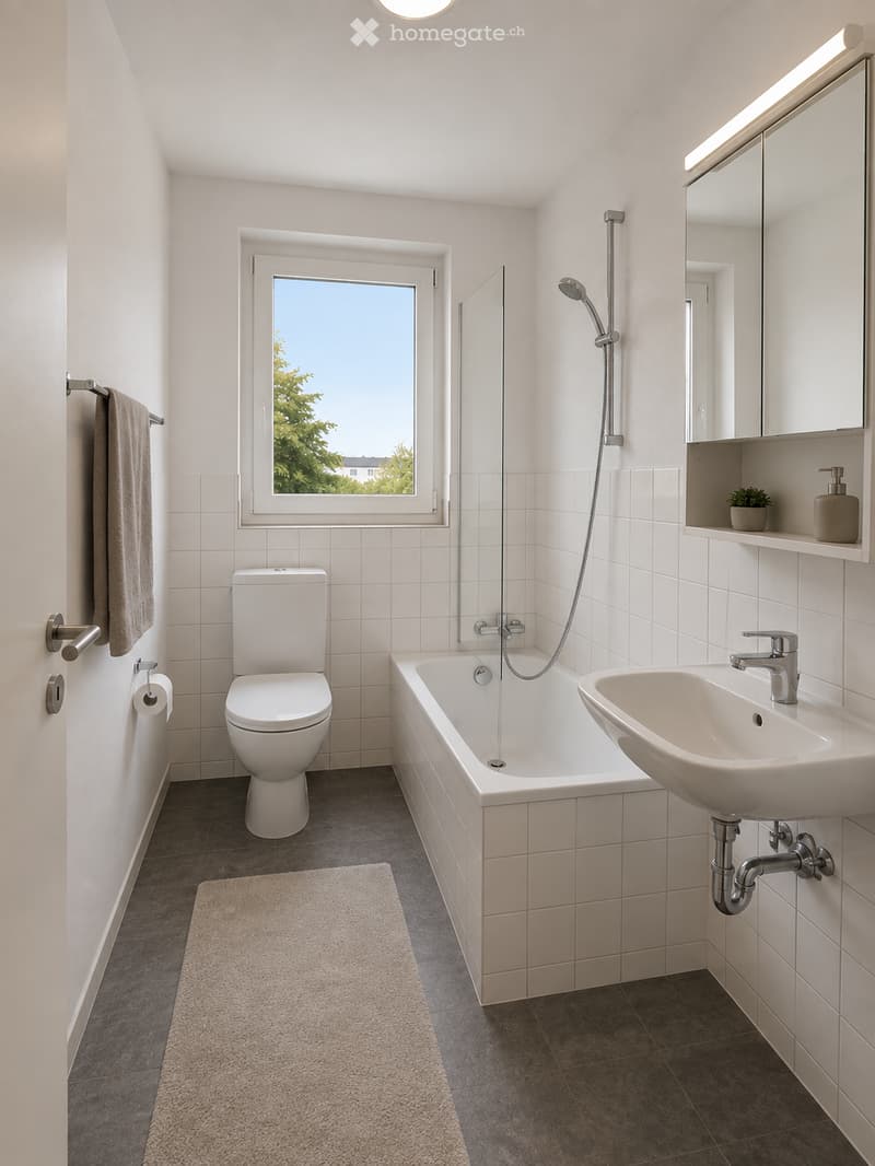 Modern bathroom with white tiles, a bathtub, toilet, sink, mirror, and a window offering a view of greenery.