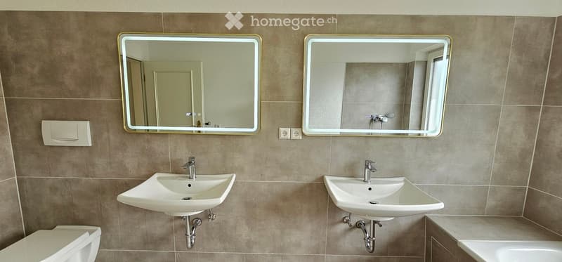 Modern bathroom with two sinks, two mirrors, and a toilet. The walls are tiled in a neutral brown color, and the mirrors have gold frames.
