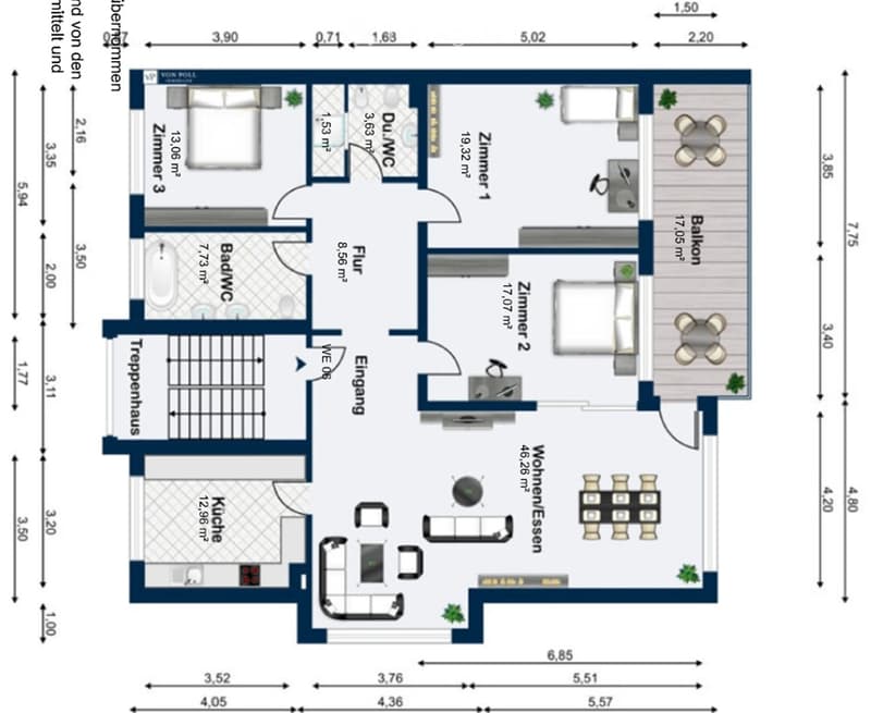 Floor plan of a multi-room apartment including living room, kitchen, bedrooms, bathrooms, and a balcony.
