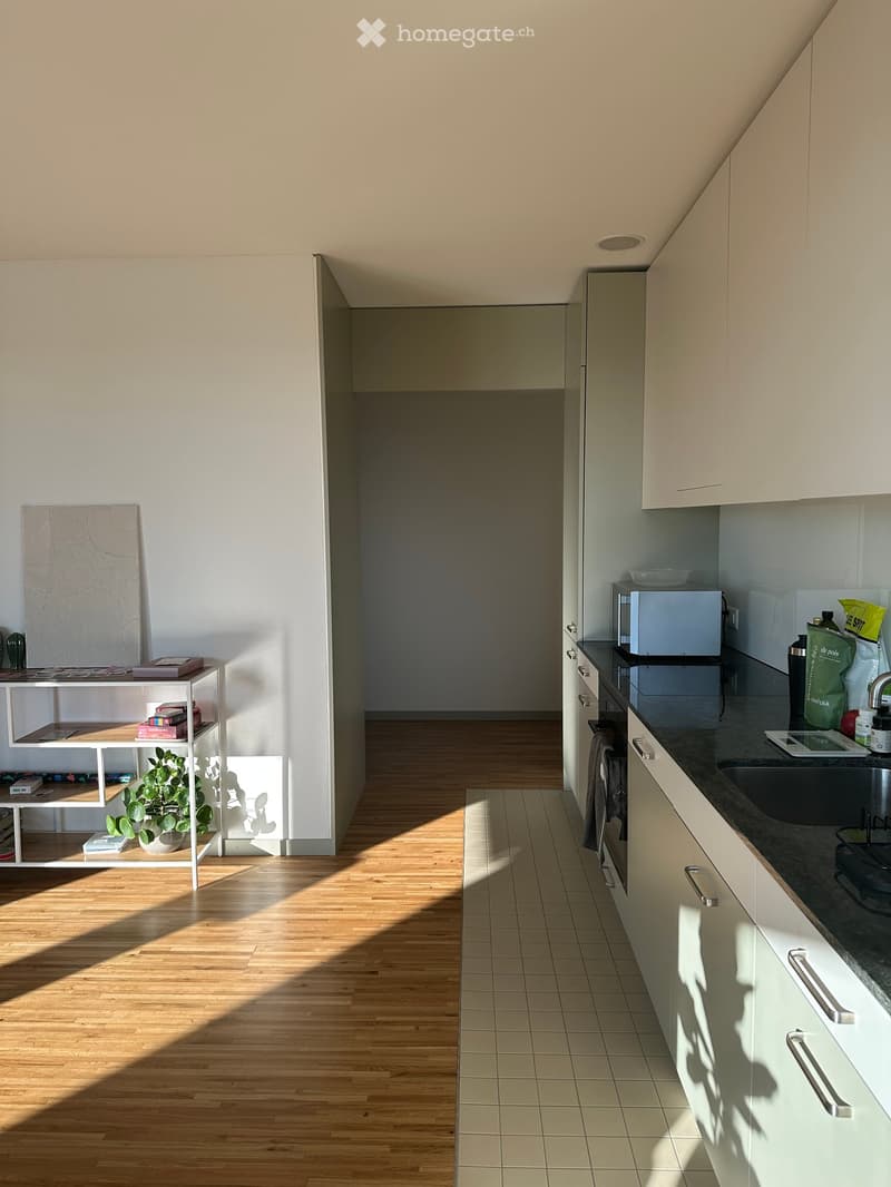 Modern kitchen with light-colored cabinets, a dark countertop, and a wooden floor. Features include a sink, microwave, oven, refrigerator, and a small shelf with books and a plant.