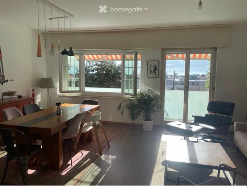 Bright, open living and dining area with large windows and sliding glass doors leading to a balcony. Features a wooden dining table with chairs, a sofa, a chair, a potted plant, and a lamp.