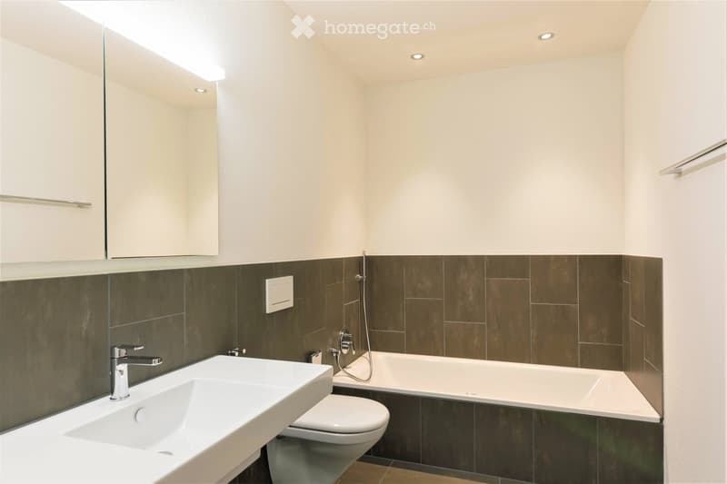 Modern bathroom with a white sink, chrome faucet, toilet, bathtub, and a large mirror with built-in cabinetry. Dark brown tiles line the lower half of the walls.