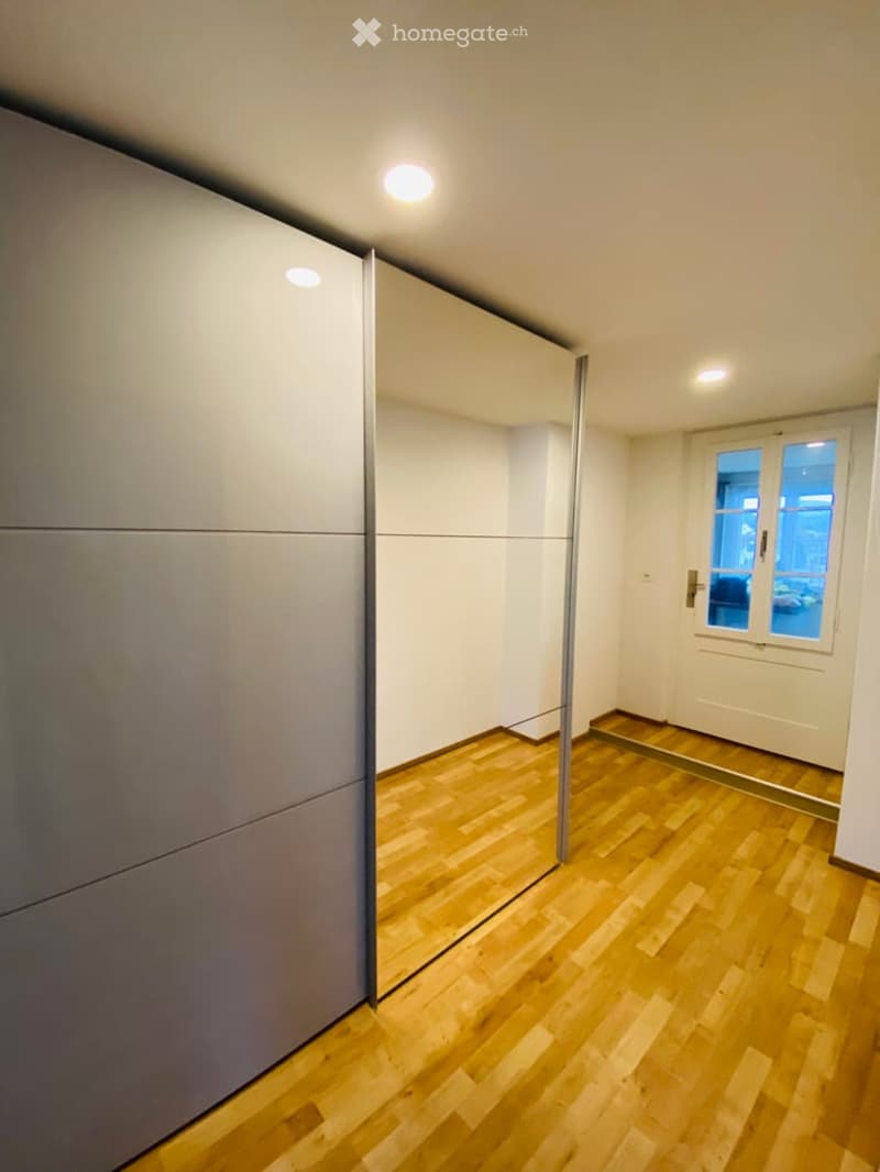Empty room with wooden flooring, white walls, and a large mirrored wardrobe. A door with a window leads to another space.