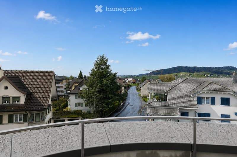 View of a residential street with multiple houses, surrounded by trees and a clear blue sky. The houses have varied architectural styles and roofing materials.
