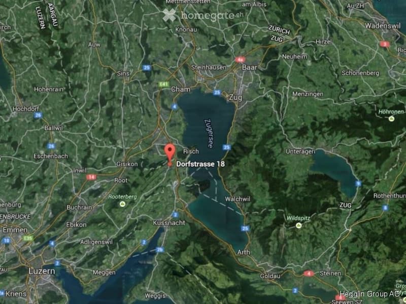 Map showing the location of Dorfstrasse 18 in Risch, Switzerland, surrounded by nearby towns and natural landscapes.