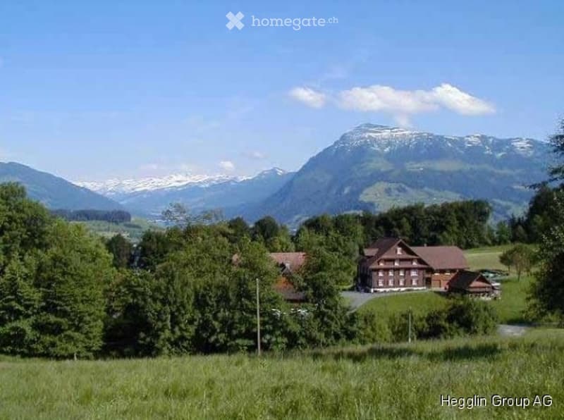 Traditional wooden house with red roof and white trim, surrounded by lush green trees and a grassy field, with snow-capped mountains in the background.