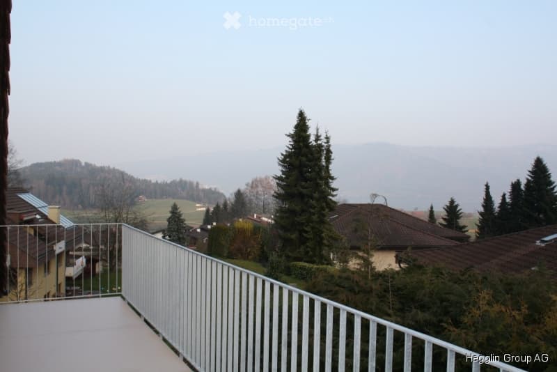 Balcony with metal railing overlooking a scenic landscape of trees, houses, and distant mountains.