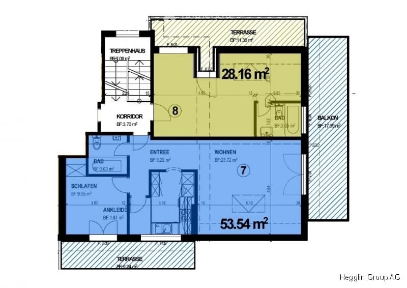 Floor plan of a two-room apartment with a living area, bedroom, bathroom, hallway, and balcony.