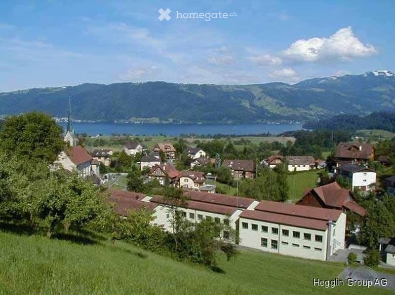 A picturesque village with traditional houses, a church, and a lake surrounded by mountains in the background.