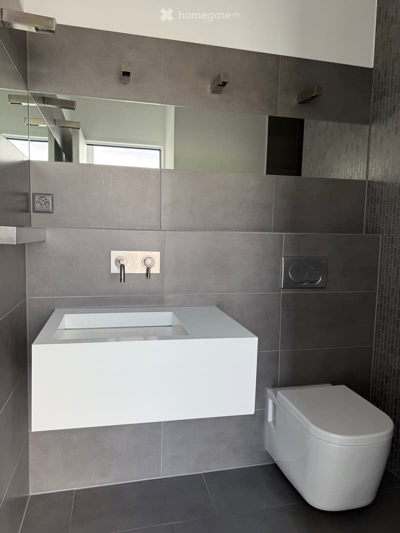 Modern bathroom with grey tiles, white sink, and toilet. Features a large mirror and sleek fixtures.