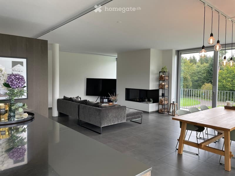 Modern living room with grey sofa, coffee table, television, fireplace, dining table, and chairs. Large windows offer a view of greenery outside.