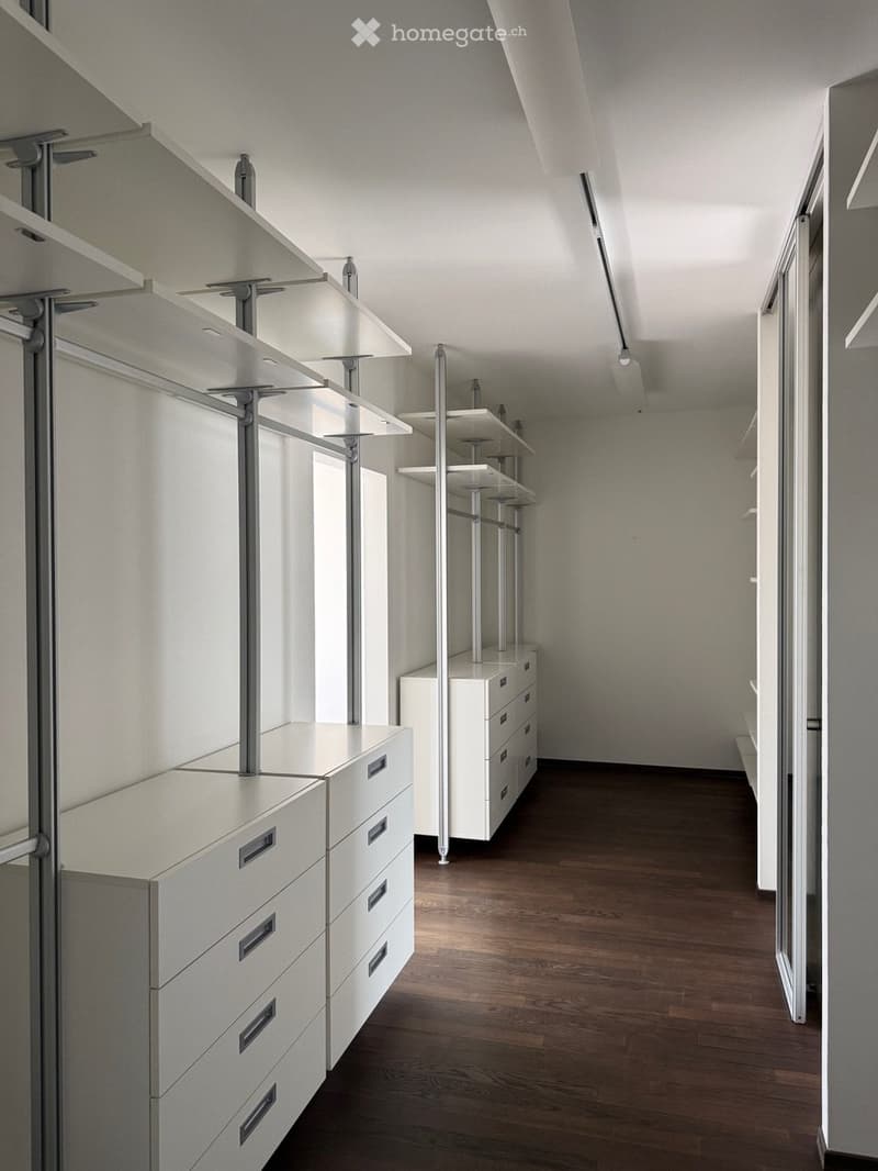 Modern, minimalist hallway with white built-in storage units, sleek metallic shelving, and a polished wooden floor.