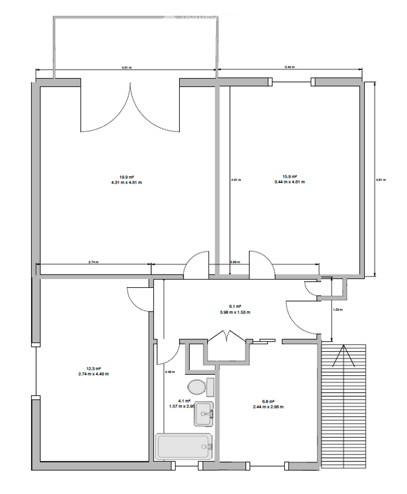 Living room, kitchen, 2 bedrooms, 2 bathrooms, balcony