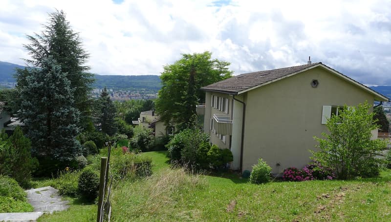House with brown roof, beige walls, multiple windows, surrounded by trees and plants, located on a hill with a view of the city