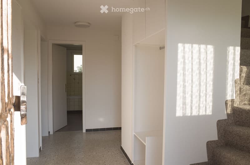 Empty hallway with white walls, carpeted stairs, and a small room visible at the end.