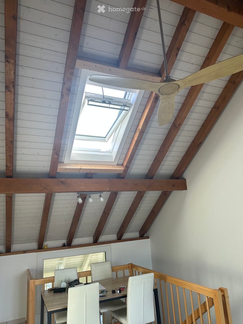 A high-ceilinged room with exposed wooden beams, a skylight window, a ceiling fan, a dining table with chairs, and a mirror on the wall.