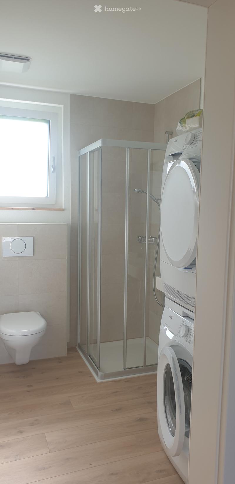 Modern bathroom with a glass-enclosed shower, toilet, and stacked washing machine and dryer unit. Light-colored tiles and wooden flooring.