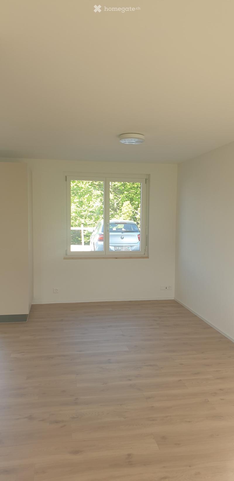 Empty room with light-colored walls, wooden flooring, and a large sliding glass door leading outside.