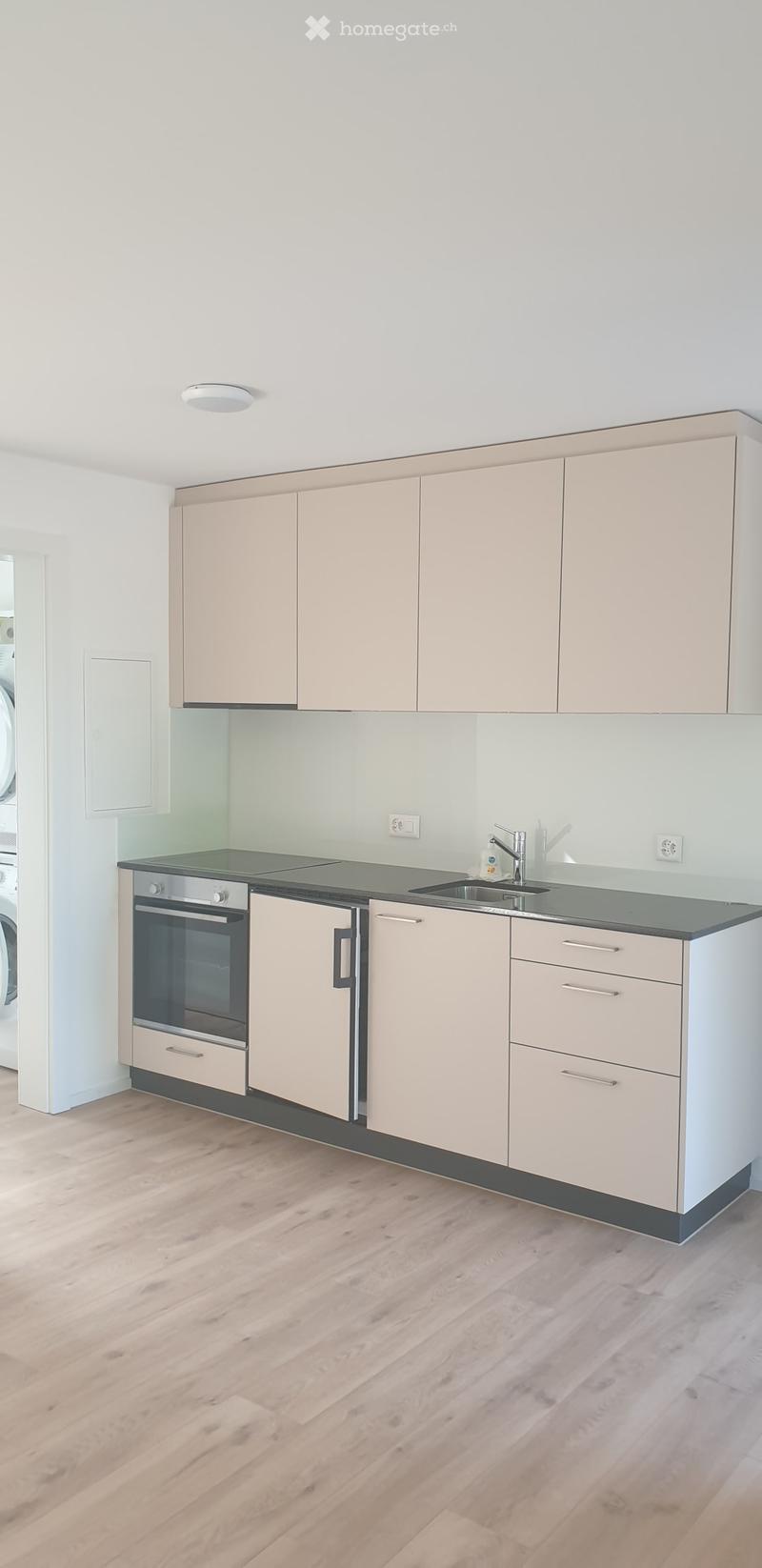 Modern kitchen with light-colored cabinets, stainless steel oven, sink, and faucet, featuring a wooden floor and sleek design.