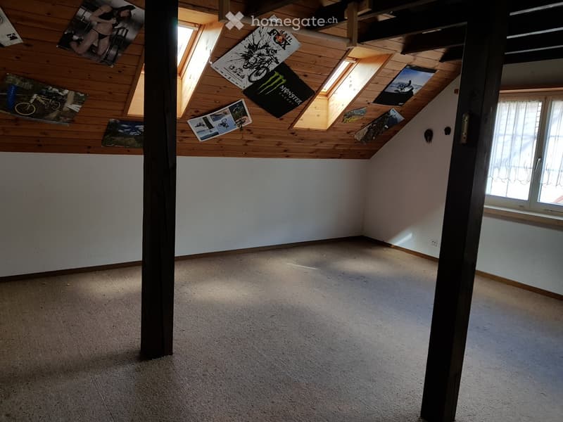Empty attic room with wooden slanted ceilings, skylights, and white walls. No furniture or equipment present.