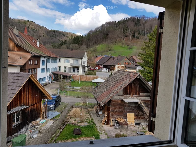 View from a window showing a rural village with traditional wooden houses, a small garden area with a table and chairs, and a parked car.