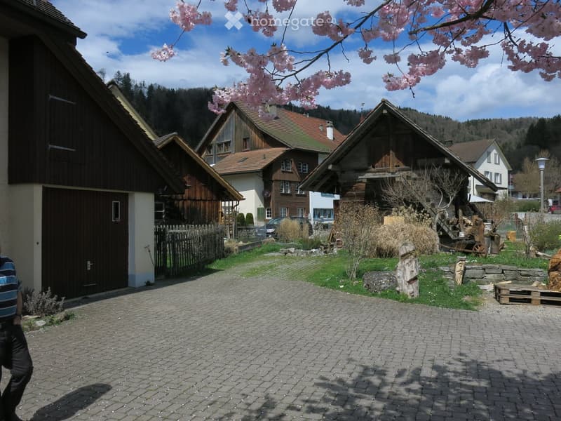 A rural garden area with a paved brick pathway, wooden houses, a cherry blossom tree, and scattered garden items like a wooden pallet and stone sculptures.