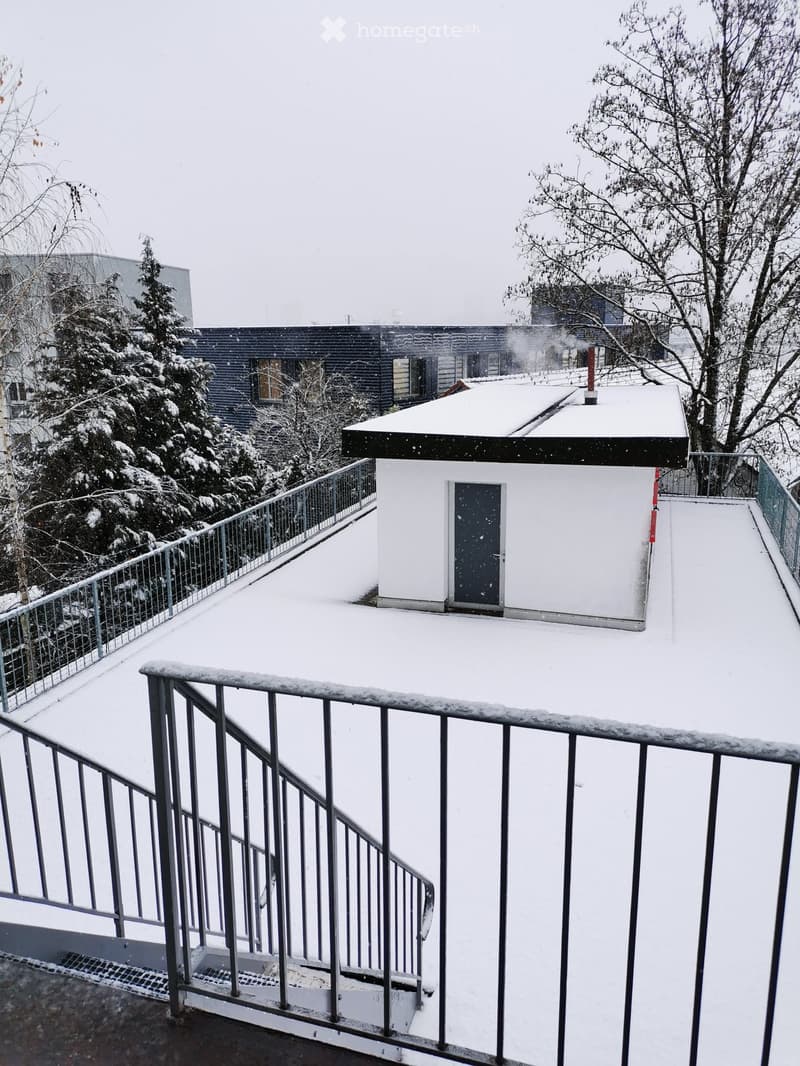 Snow-covered balcony with metal railing, small shed, and surrounding trees and buildings.