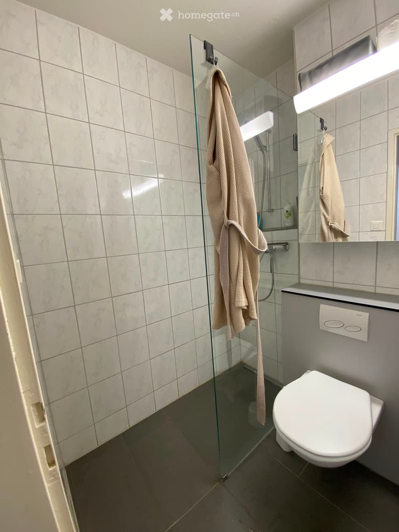 Modern bathroom with white tiles, a glass-enclosed shower, a toilet, and a towel hanging on the wall.