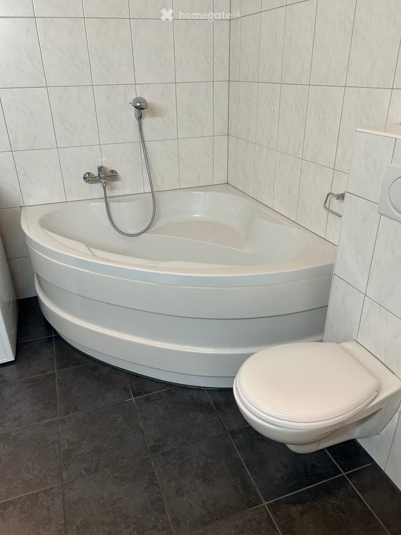 Modern bathroom with a corner bathtub and a toilet, featuring white tiled walls and dark tiled flooring.