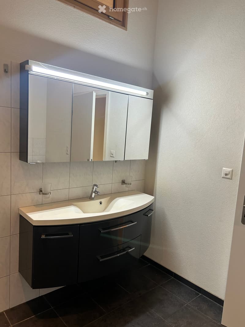 Modern bathroom with a white sink, dark cabinet, and mirrored cabinet with built-in lighting above.