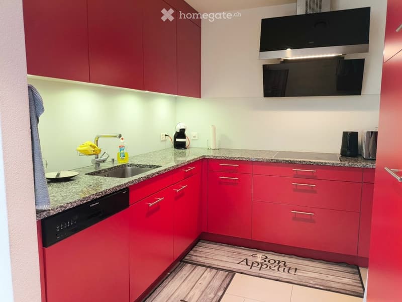 Modern kitchen with red cabinets, granite countertop, stainless steel sink, dishwasher, coffee maker, and range hood.
