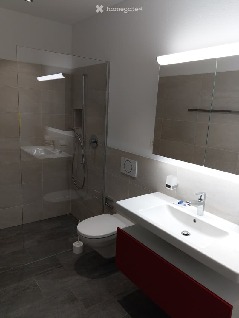 Modern bathroom with a white sink, toilet, and glass-enclosed shower. Features a large mirror with built-in lighting and a red cabinet under the sink.