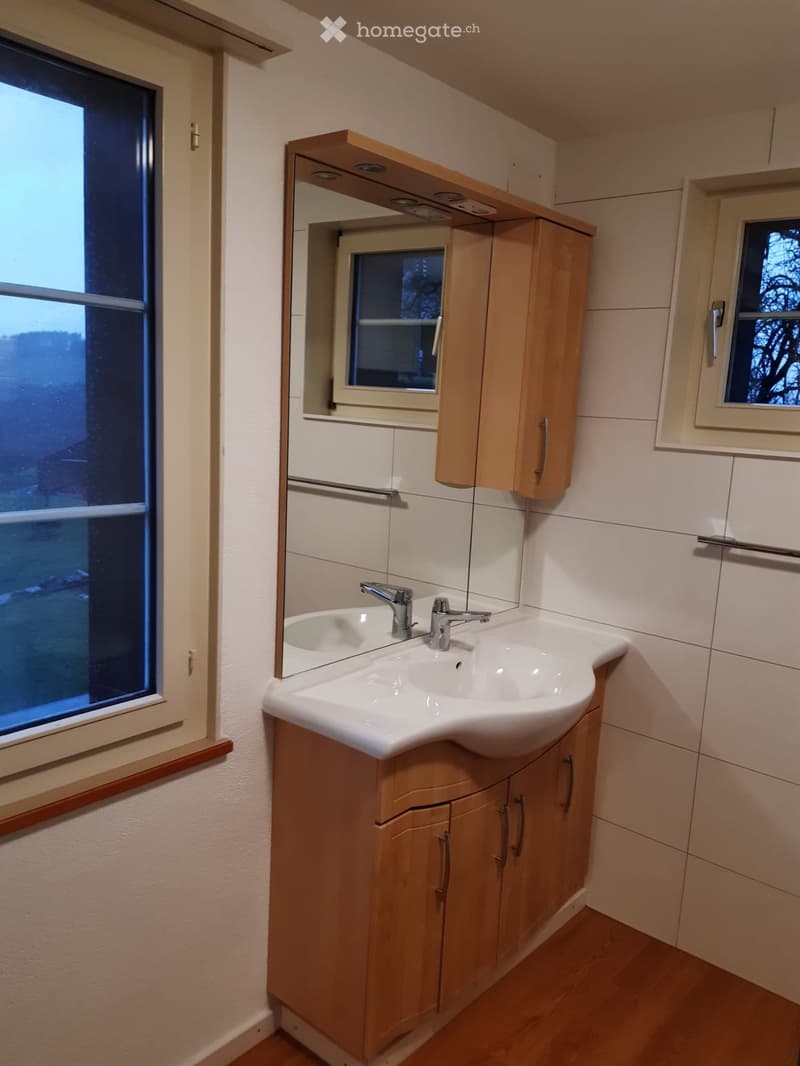 Modern bathroom with a white sink, wooden cabinet, and mirror above it. The room features light-colored tiles and a window providing natural light.