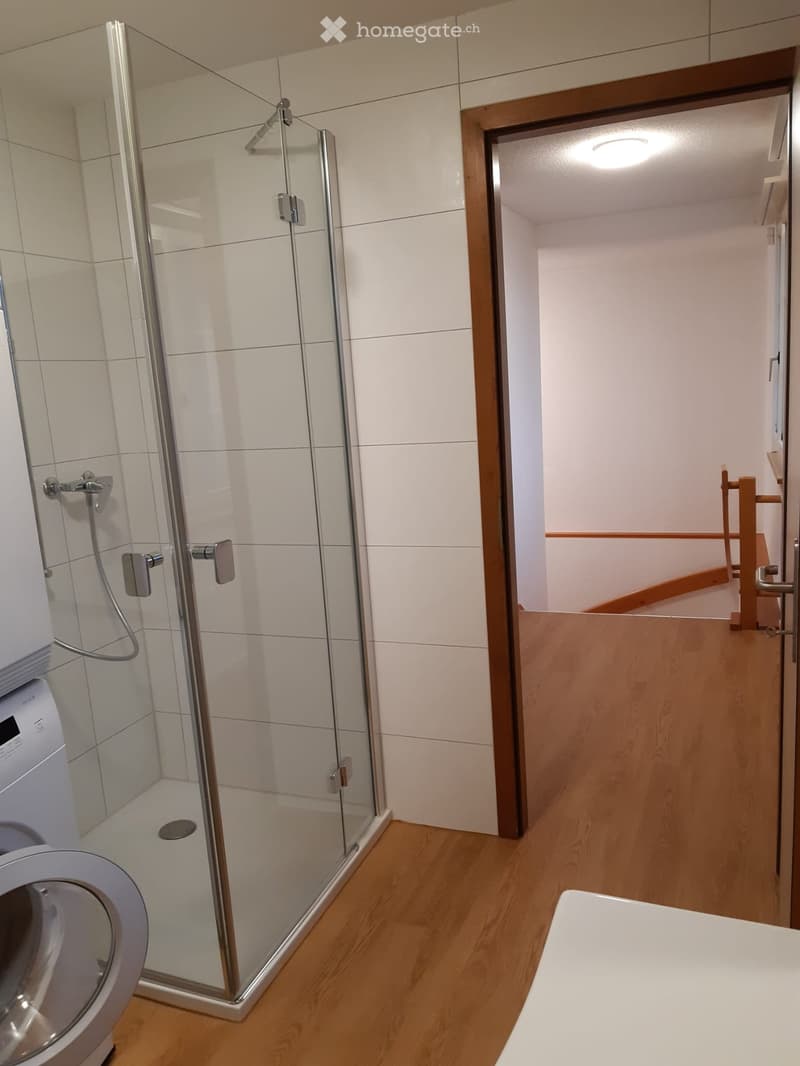 Modern bathroom with a glass-enclosed shower stall, toilet, and wooden flooring. A doorway leads to another room with visible stairs.